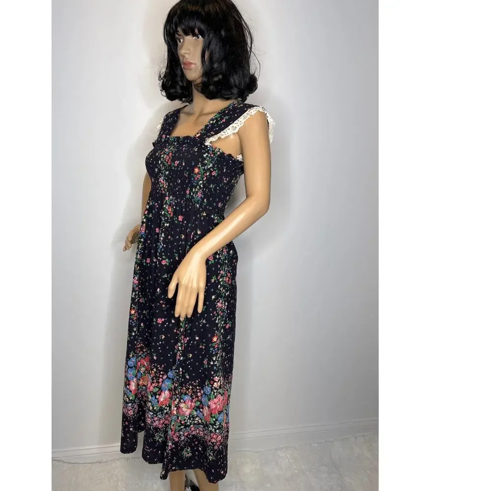 Vintage 70s The Fig Leaf Floral Smocked Cottagecore Prairie Midi Cotton Dress XS